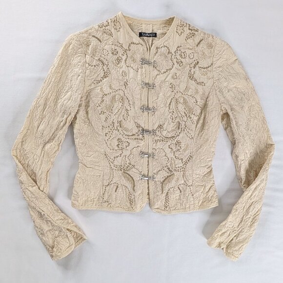 VTG Tan Cream Tahari Embroidered Long Sleeve Front Metal Clasp Jacket Coquette - Picture 1 of 7